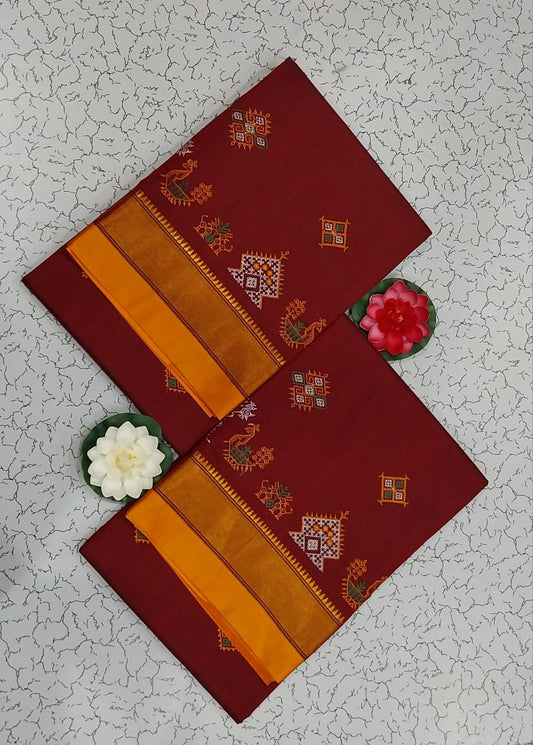 Yana | Karnataka Kasuti work cotton saree in darkred Color