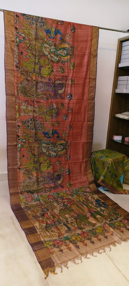 *Kalamkari on Tussar Silk*
*Pen kalamkari*
*Pure desi tusser silk and with hand painted sarees* 
*Length: 6.5 mtr*
*Width 45 inch*