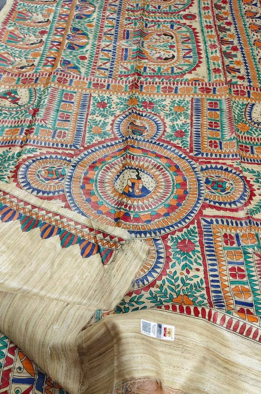 Fabric..Tussar by Ghicha with Beautiful All over Madhubani Hand paintingsilk sarees..
Premium quality and Fast delivery
Length 6.50 meter..Quality will be pure Handloom silk sarees..
