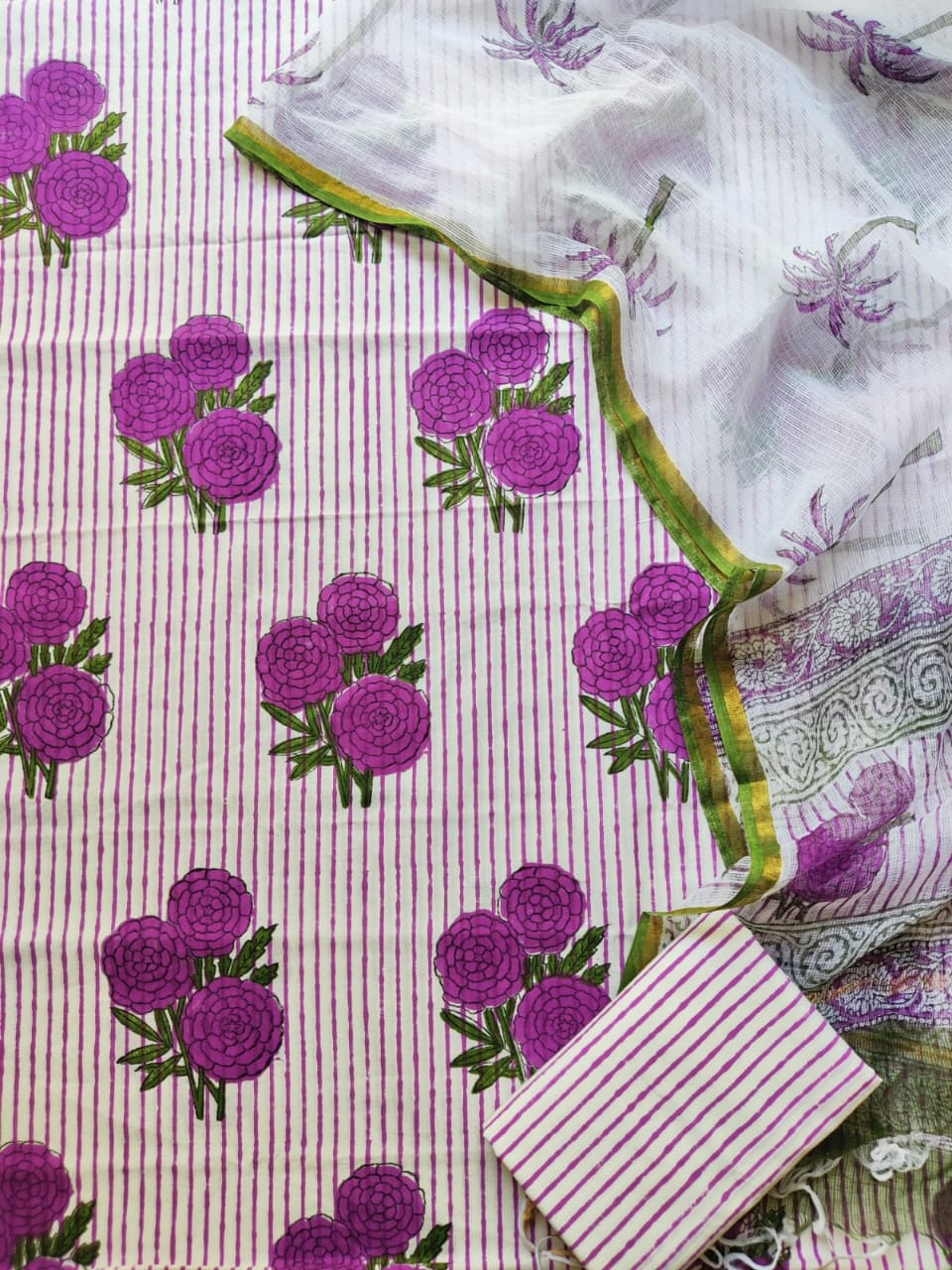 Block printed cotton suit with kota doriya duppta 
Top @ bottom *cotton*
Duptta  *kota doriya*