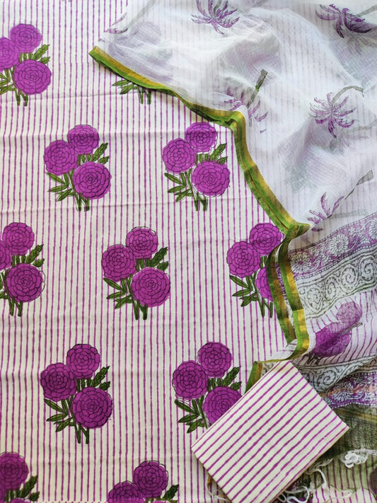 Block printed cotton suit with kota doriya duppta 
Top @ bottom *cotton*
Duptta  *kota doriya*