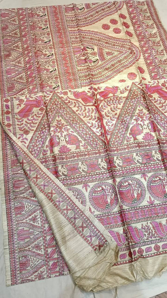 Fabric..Tussar by Ghicha with Beautiful All over Madhubani Hand paintingsilk sarees..
Premium quality and Fast delivery
Length 6.50 meter..Quality will be pure Handloom silk sarees..

