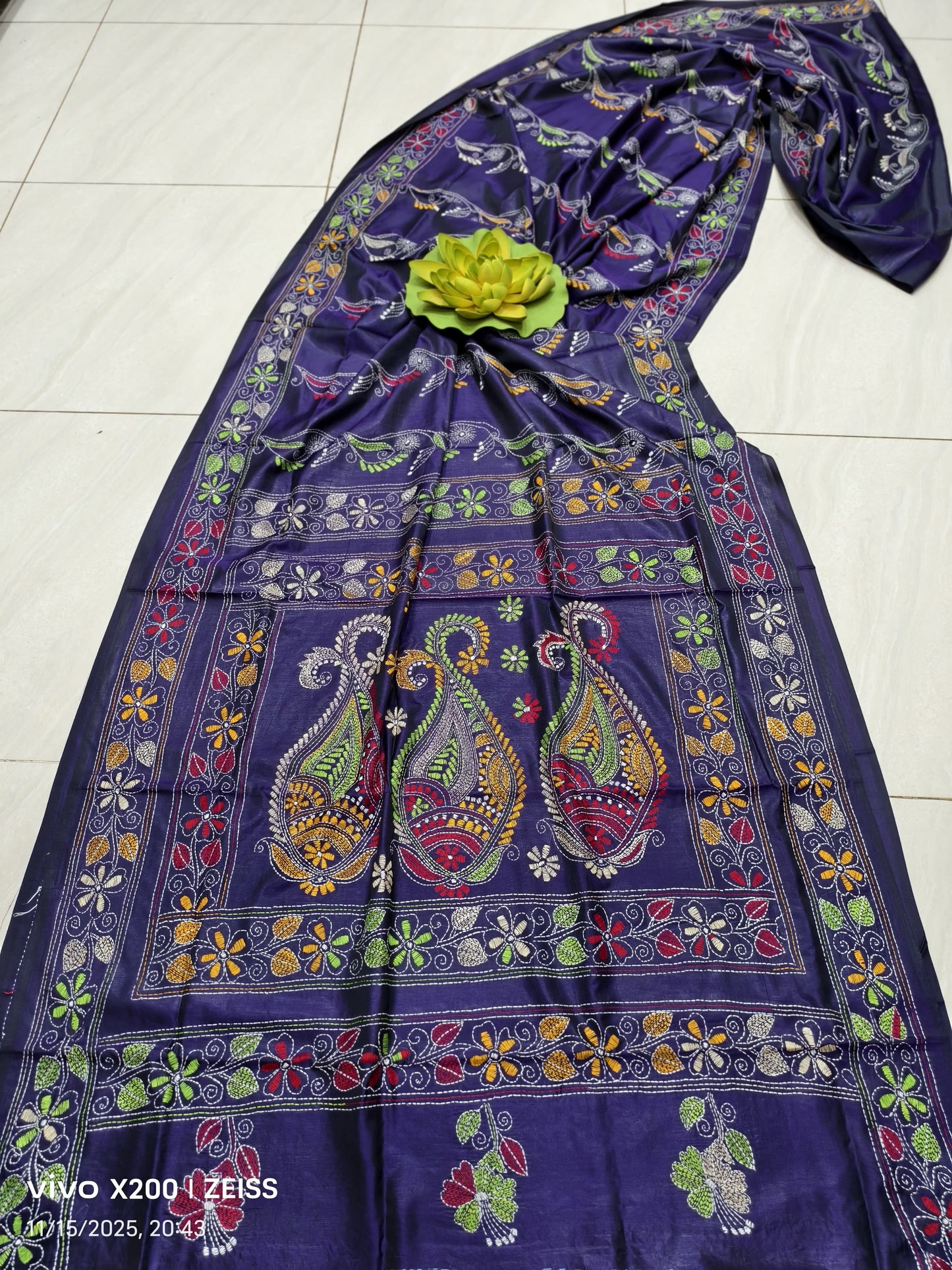 Kairaben |  Blended silk saree with Kantha Embroidery