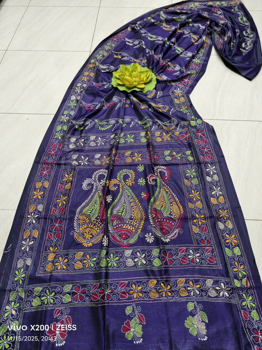 Kairaben |  Blended silk saree with Kantha Embroidery