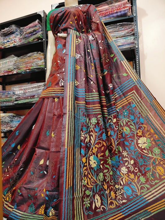Traditional Shantiniketan hand Kanthastitch saree On 
Belendend bangalore silk Material 
With Kanthastitch Work Bp