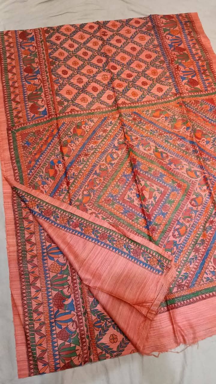 Fabric..Tussar by Ghicha with Beautiful All over Madhubani Hand paintingsilk sarees..
Premium quality and Fast delivery
Length 6.50 meter..Quality will be pure Handloom silk sarees..
