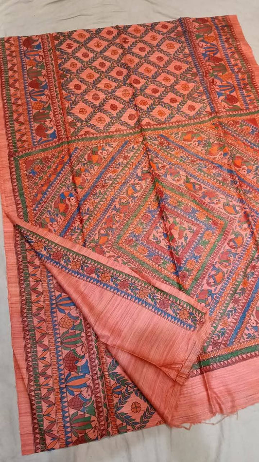 Fabric..Tussar by Ghicha with Beautiful All over Madhubani Hand paintingsilk sarees..
Premium quality and Fast delivery
Length 6.50 meter..Quality will be pure Handloom silk sarees..
