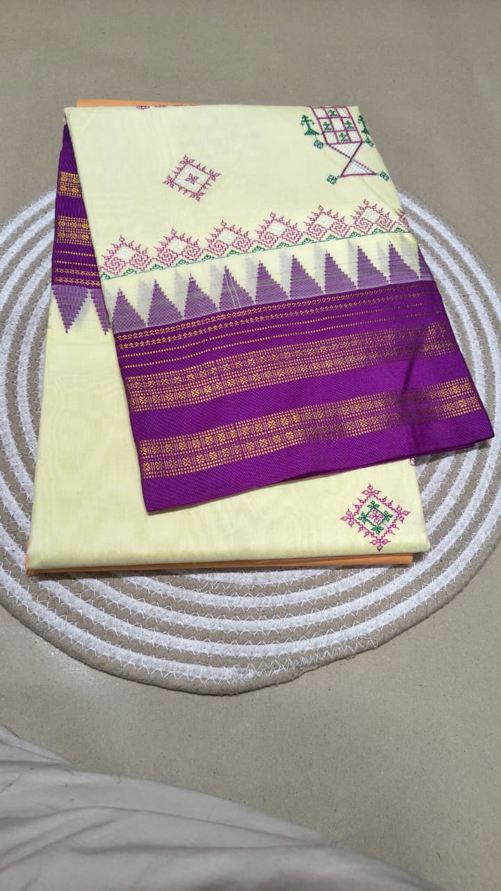 Material - Maserised cotton 
Border - Temple border, Chikki Paras
Saree Name -kasuti saree 
Pallu -Ilkal pallu top
Blouse -contrast
Saree length- 6.20