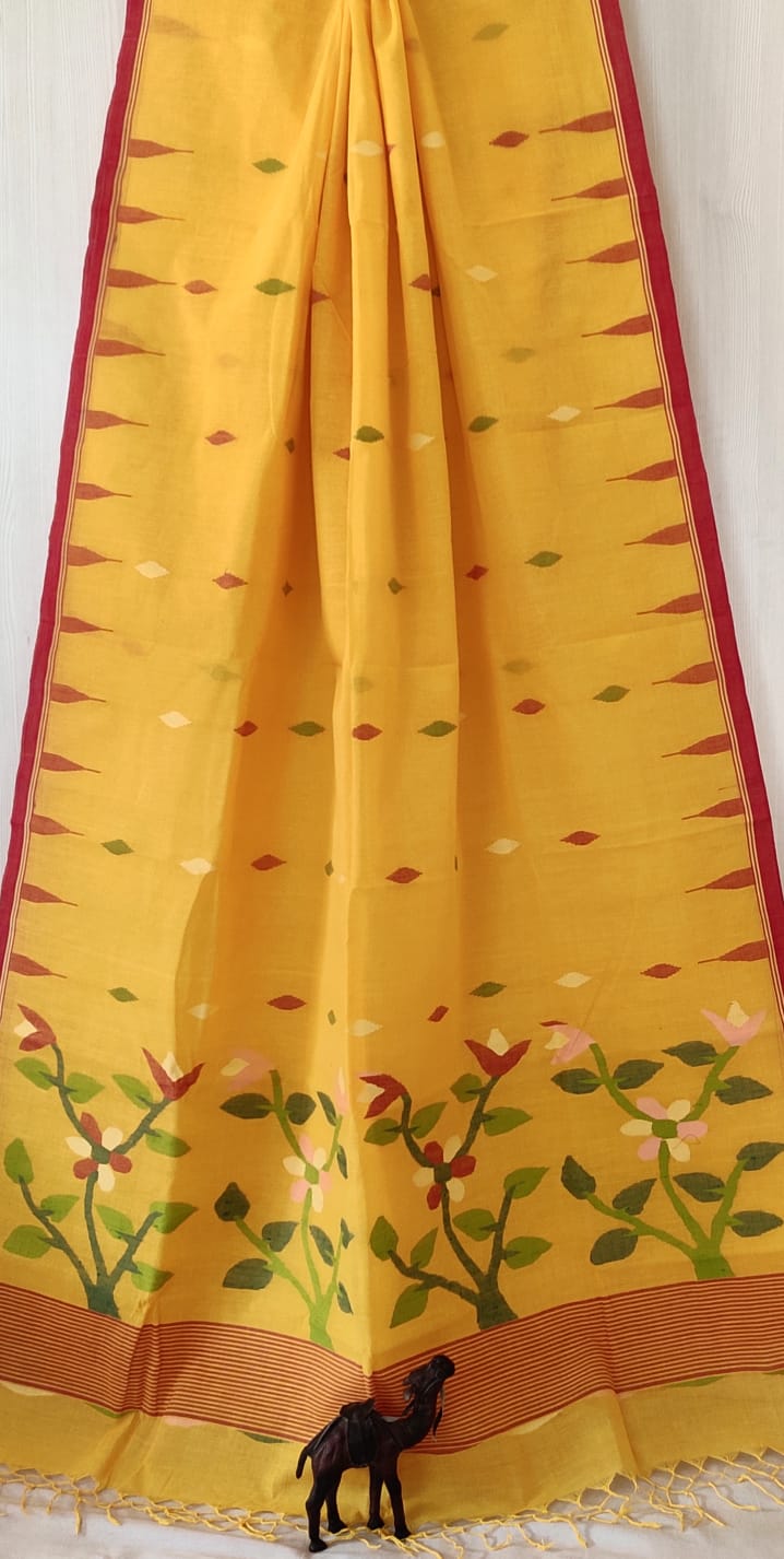 Very exclusive,Beautiful 100 Count pure 
Cotton by Cotton Hand Spoon jamdani 
with temple border with very 
elegant jamdani motif pallu
Without bp