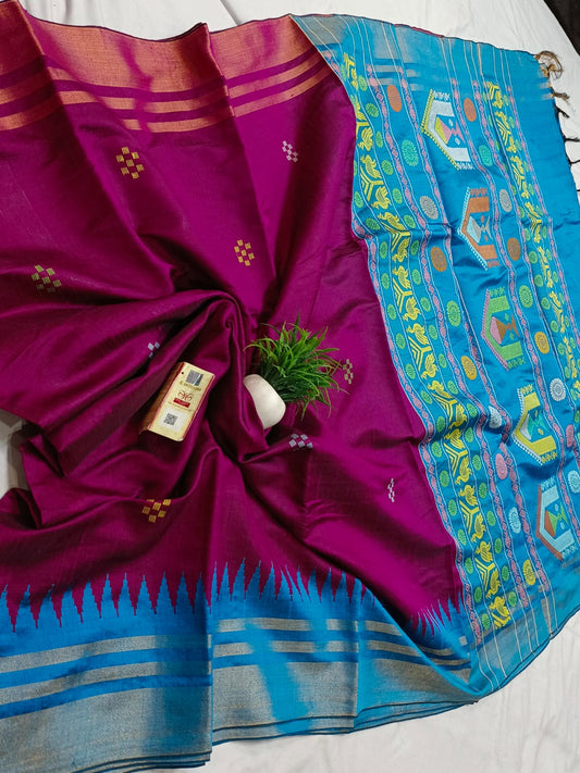 *Pure raw silk handloom temple border dolabedi pallu saree with contrast blouse*