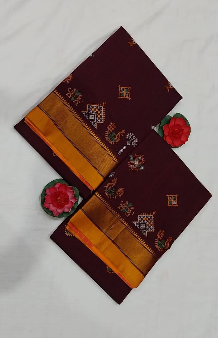 Agarwal | Karnataka Kasuti work cotton saree in maroon Color