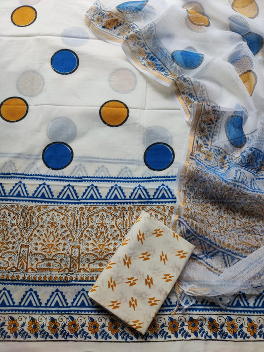 Block printed cotton suit with kota doriya duppta 
Top @ bottom *cotton*
Duptta  *kota doriya*