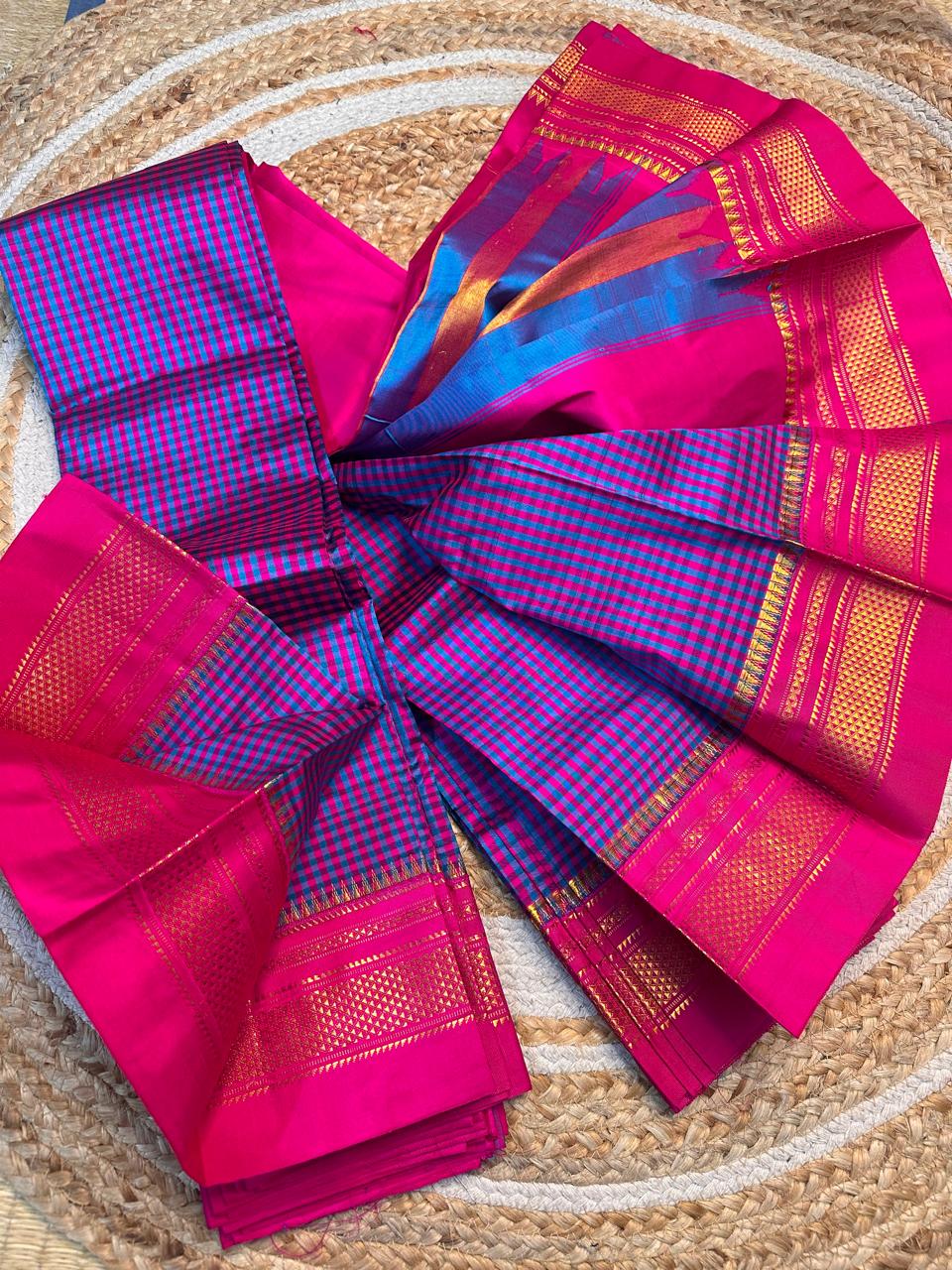 Material - pure silk 
Border - chikki paras
Saree Name -ilkal pure silk small checks with small temple border saree
Pallu -multi tope silk pallu
Blouse -contrast
Handloom -yes
Saree length- 6.2
