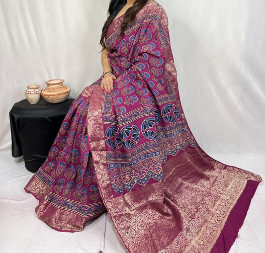 Dovikta | Ajrakh Saree on Dola Silk