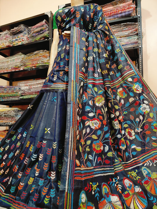 Traditional Shantiniketan hand Kanthastitch saree On 
Belendend bangalore silk Material 
With Kanthastitch Work Bp