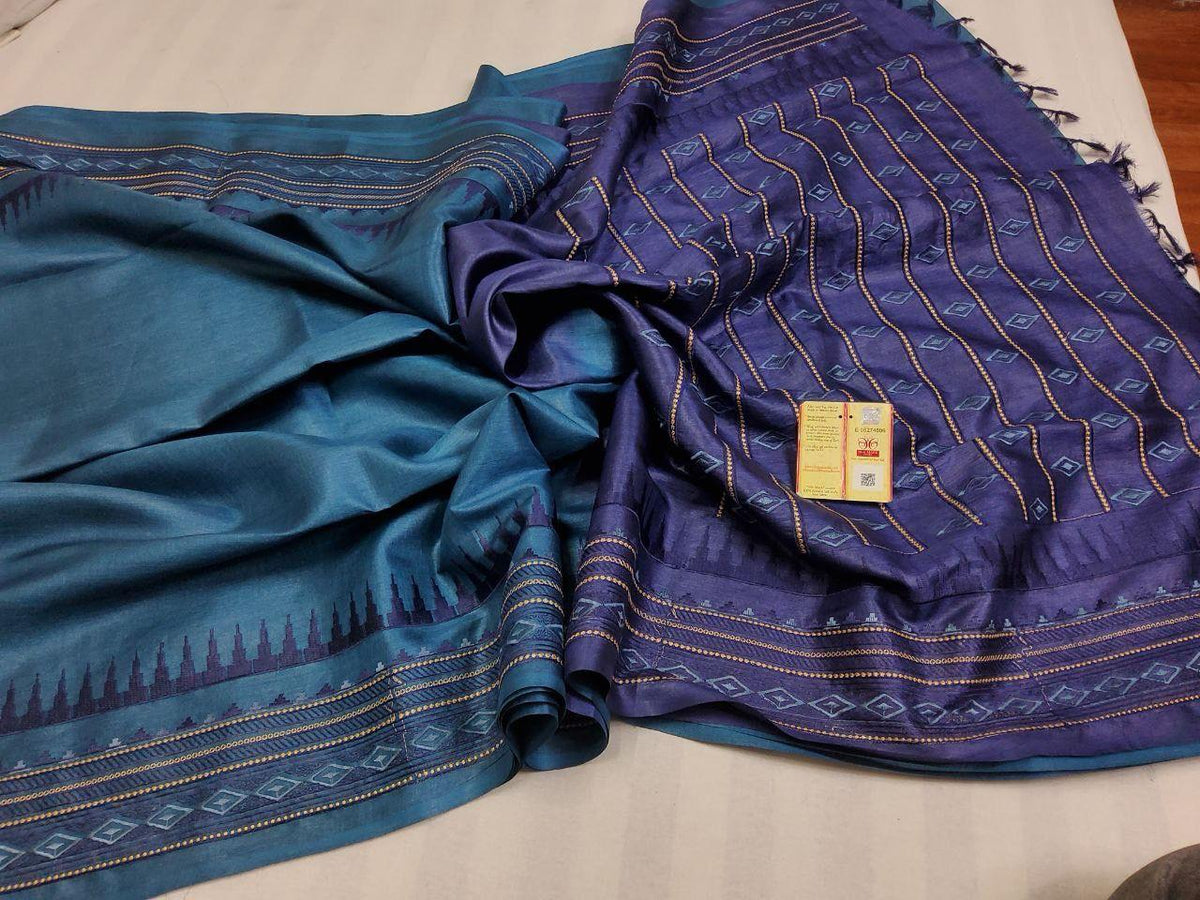Pure tussar by  munga with beautiful temple embroidery design pallu and border silk handloom saree with blouse pc.
Available 
Best quality 
Silk mark tag 👈🏻
