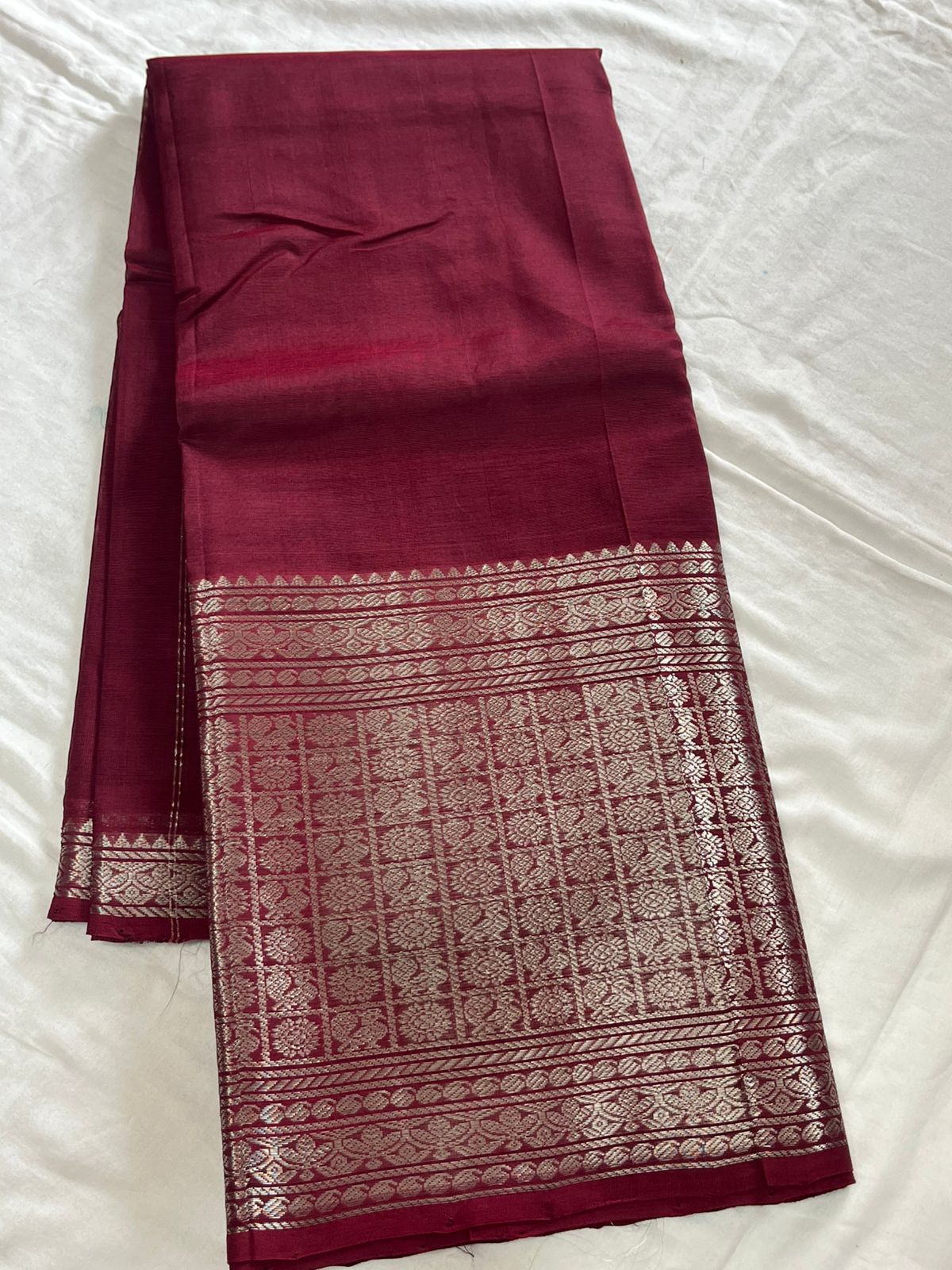 Mangalagiri handloom pattu by cotton (silk cotton)
400/50 big Kanchi border saree with all-over plain pattu and tick weavings sarees 
Running zari lines pallu & plain blouse