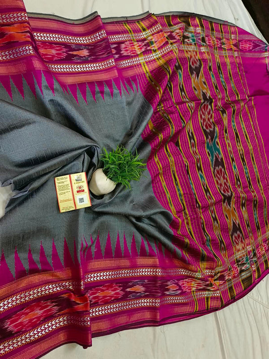 *Pure raw silk handloom Ikkat and vidarbha temple border saree with contrast blouse*
Pure raw silk saree
Silk mark certified
Handloom made
Best quality