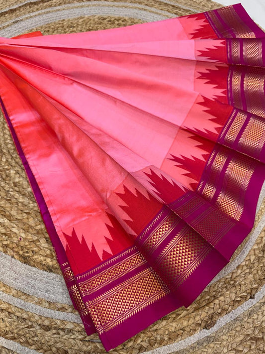 
*Big Temple Border Ilkal*

Exclusive silk ilkal saree 
Pure silk big temple border design superior quality ilkal saree
With contrast blouse 
6.10mtrs length 
Full body pure silk Border, pallu & blouse semi silk 