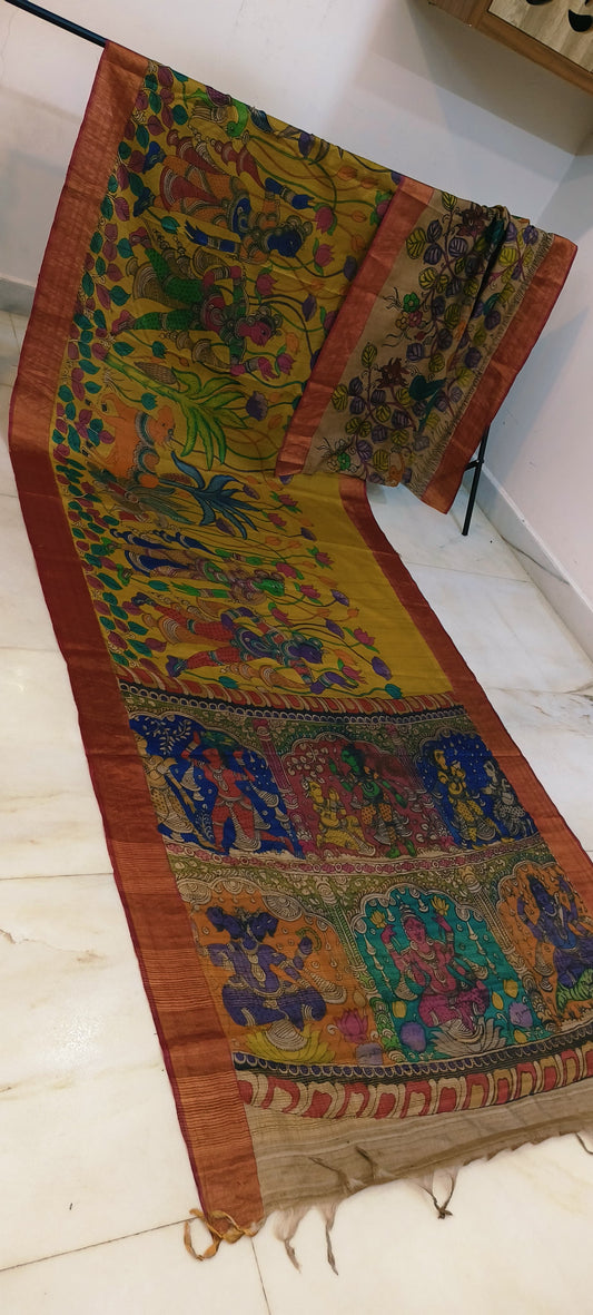 Pen kalamkari on tussar silk
pure desi tussar silk hand painted saree