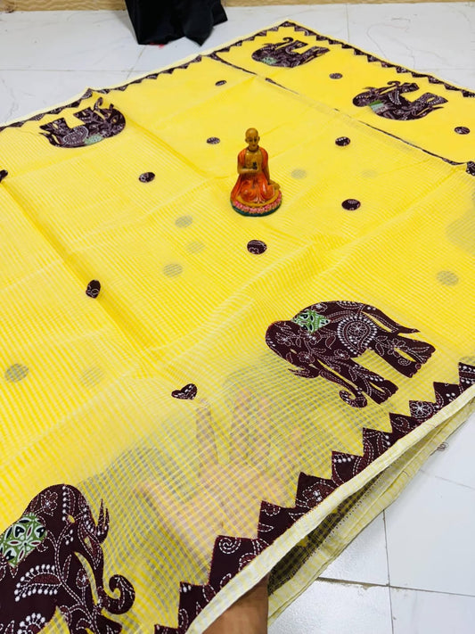 *Aplick work saree*

*No bp*

*Materials/ Resham Kota*

*All over Aplick work*
