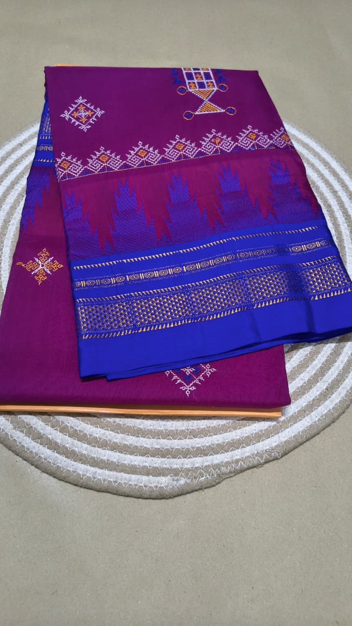 Material - Maserised cotton 
Border - Temple border, Chikki Paras
Saree Name -kasuti saree 
Pallu -Ilkal pallu top
Blouse -contrast
Saree length- 6.20
