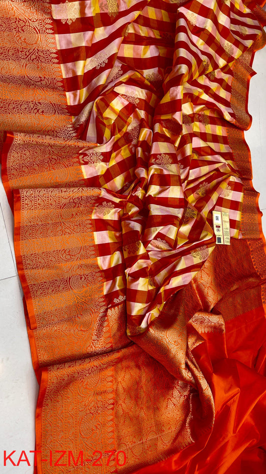 
Pure Handloom banarasi KATAN **Checks +Meenakari* SAREE
*KATAN Checks + Meenakari*
Silk Sarees with antique Jari 
*Rich Pallu
*  Blouse with Border
* Smooth & Soft Fabric