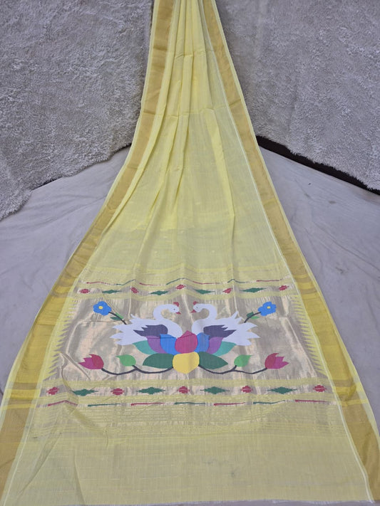 *Yeola cotton paithani*
Pure cotton 
Handloom saree
Patta border 
Running blouse 
Shoulder butta 
