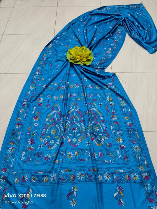 Kajalben |  Blended silk saree with Kantha Embroidery