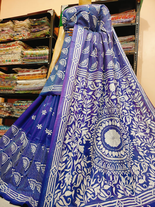 Traditional Shantiniketan hand Kanthastitch saree On 
Belendend bangalore silk Material 
With Kanthastitch Work Bp