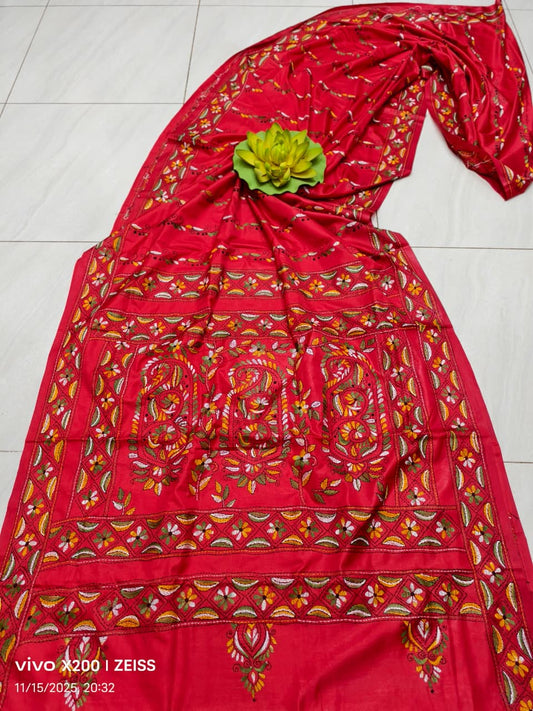 Kairaitha |  Blended silk saree with Kantha Embroidery