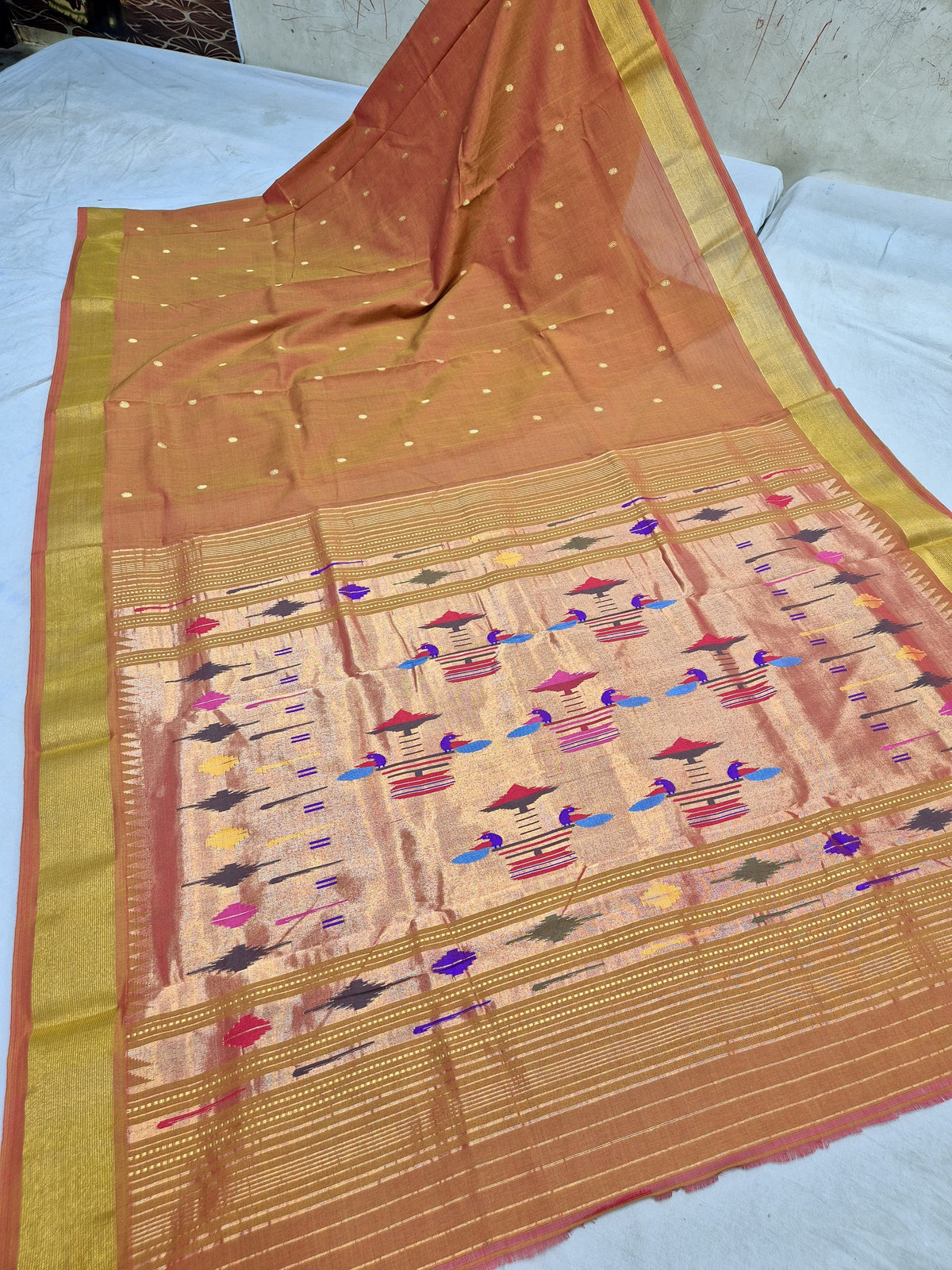 Classic Pure Cotton handloom paithani saree with 7 peacock pairs on pallav