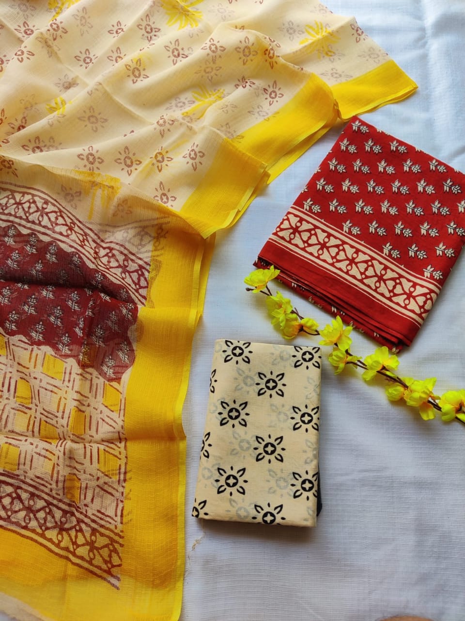 Block printed cotton suit with kota doriya duppta 
Top @ bottom *cotton*
Duptta  *kota doriya*