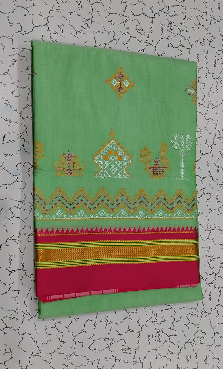 Zeenat | Karnataka Kasuti work cotton saree in mediumaquamarine Color