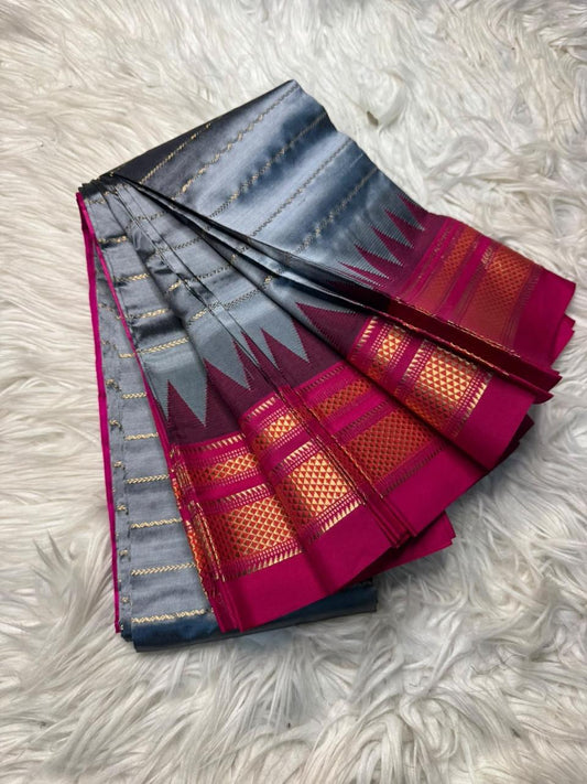 Material - pure silk 
Border - chikki paras
Saree Name -ilkal pure silk horizontal and also vertical stripes jari with temple border saree
Pallu -silk pallu
Blouse -contrast
Handloom -yes
Saree length- 6.2