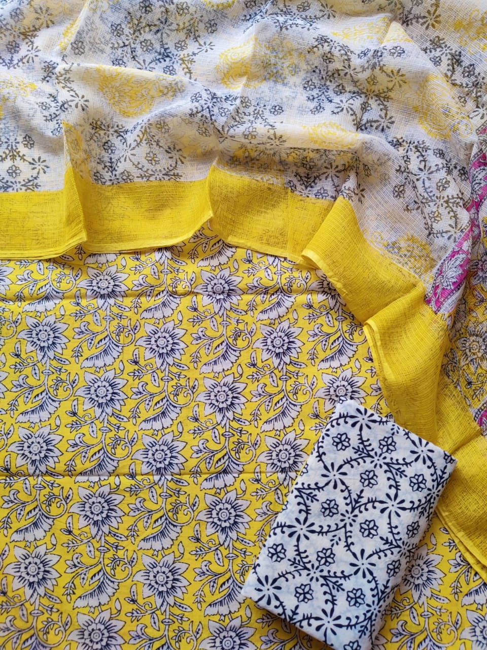 Block printed cotton suit with kota doriya duppta 
Top @ bottom *cotton*
Duptta  *kota doriya*