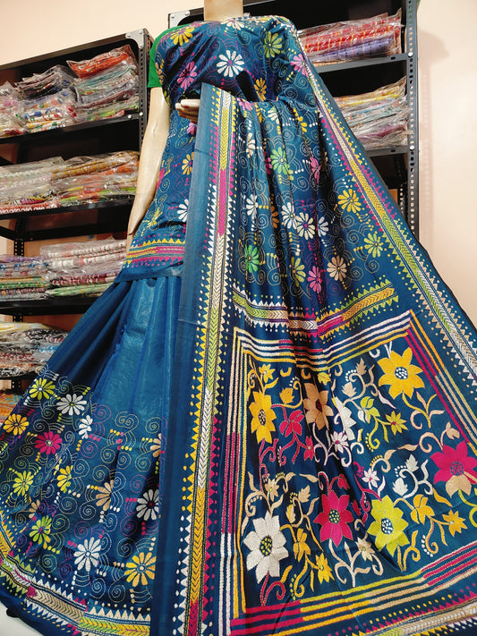 Traditional Shantiniketan hand Kanthastitch saree On 
Belendend bangalore silk Material 
With Kanthastitch Work Bp