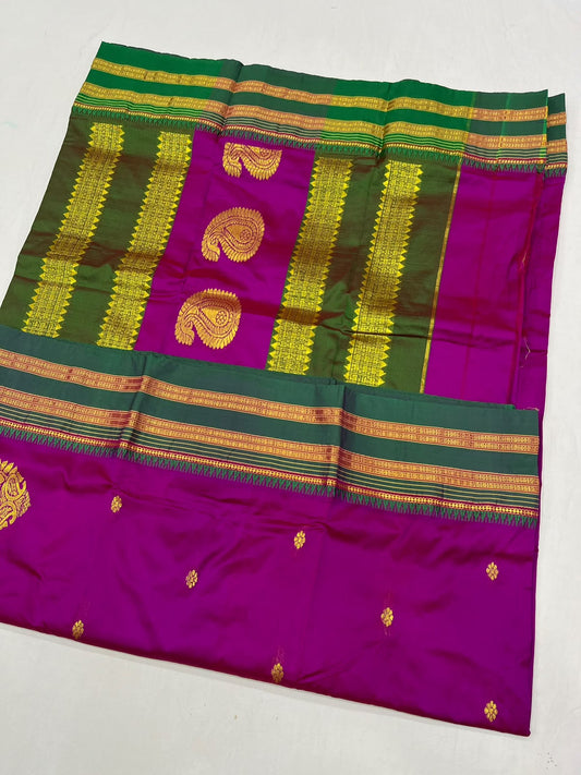 *Narayanpeth silk saree*
Running blouse 
Shoulder butti 
Pure silk
*Price: 6300/- + ship*