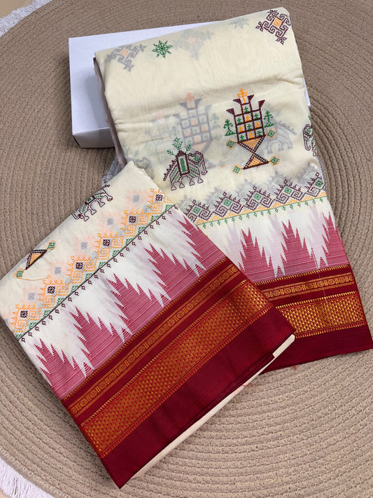 Material - Maserised cotton 
Border - Temple border, Chikki Paras
Saree Name -Tana warpa kasuti saree 
Pallu -Ilkal pallu
Blouse -contrast
Handloom -no
Saree length- 6.2