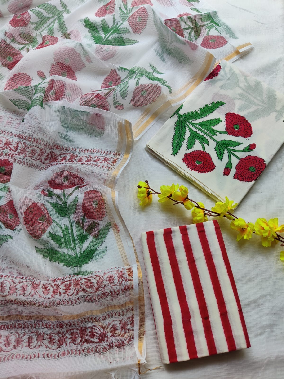 Block printed cotton suit with kota doriya duppta 
Top @ bottom *cotton*
Duptta  *kota doriya*