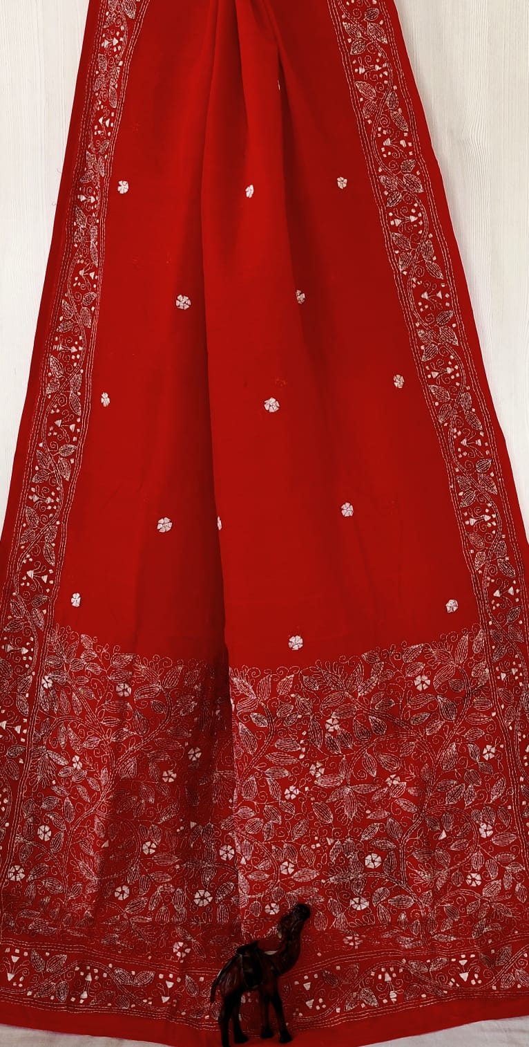 Hand Kantha on cotton pure cotton without blouse piece