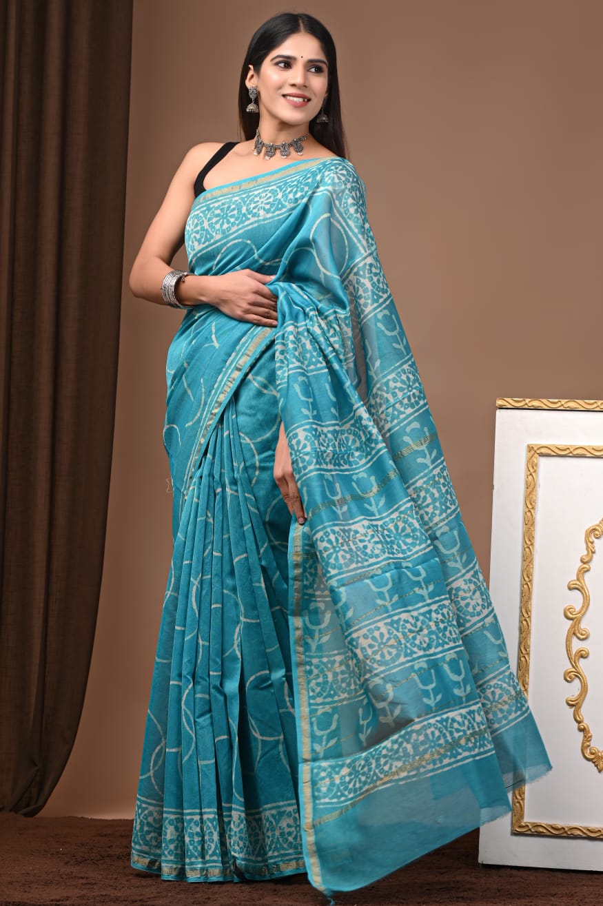 Chanderi silk sarees traditional collection
Hand block printed chanderi silk Sarees with blouse
Natural dye n color
Super quality:,fine fabric:,
Size- 6.5 