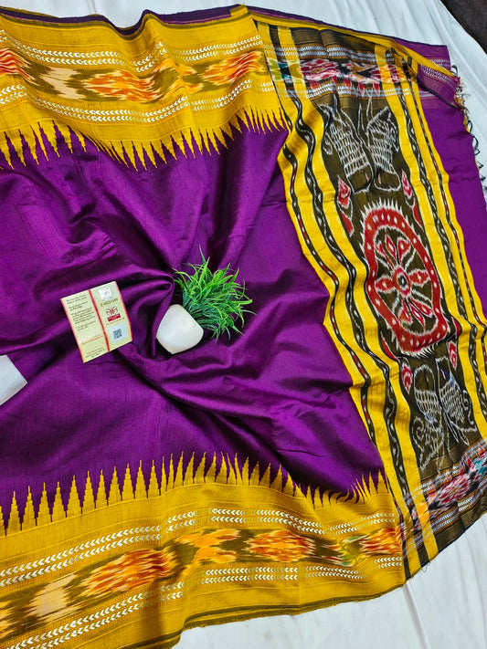 *Pure raw silk handloom Ikkat and vidarbha temple border saree with contrast blouse*
Pure raw silk saree
Silk mark certified
Handloom made
Best quality