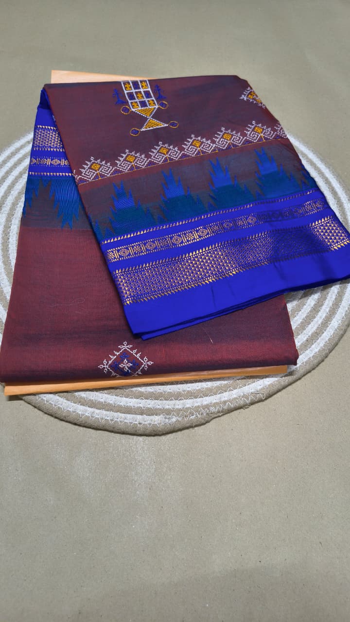 Material - Maserised cotton 
Border - Temple border, Chikki Paras
Saree Name -kasuti saree 
Pallu -Ilkal pallu top
Blouse -contrast
Saree length- 6.20