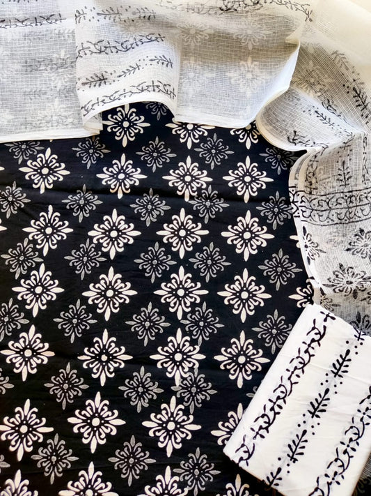 Block printed cotton suit with kota doriya duppta 
Top @ bottom *cotton*
Duptta  *kota doriya*