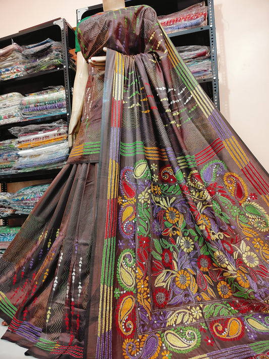 Traditional Shantiniketan hand Kanthastitch saree On 
Belendend bangalore silk Material 
With Kanthastitch Work Bp