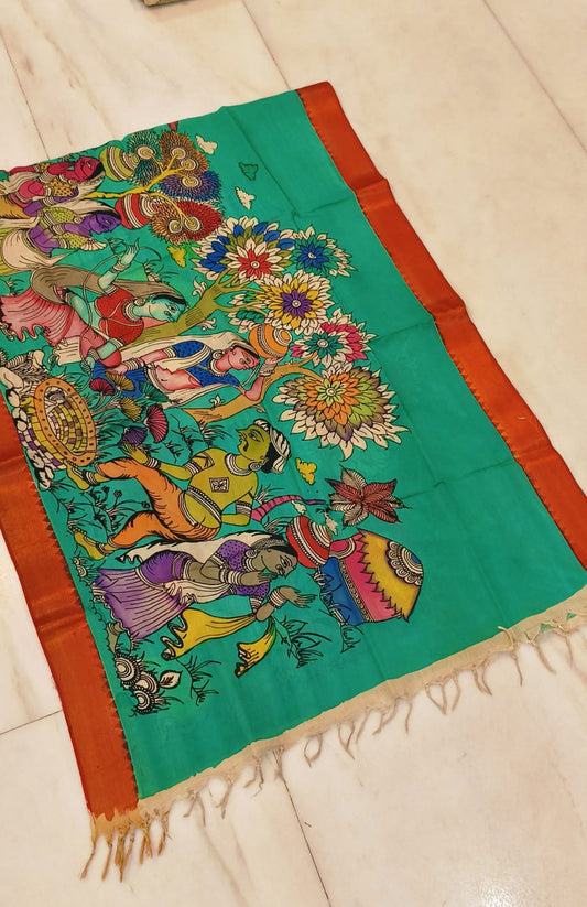 *Mangagiri silk duppatas* 
*Pen kalamkari* 
*Hand drawn hand painted* 
*Length 2.25 mtr*
*Width: 36 inch* 