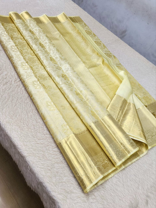 *100% PURE  KANCHIPURAM HANDWOVEN PREMIUM QUALITY 2G BRIDAL SILK SAREES*

*2 GRAM GOLD PURE ZARI WEAVING*
*SILK MARK CERTIFICATE ATTACHED*


CREAM COLOUR EXCLUSIVE SILK SAREES WEAVING