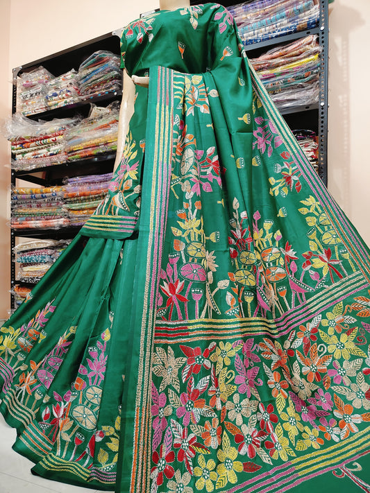 Traditional Shantiniketan hand Kanthastitch saree On 
Belendend bangalore silk Material 
With Kanthastitch Work Bp