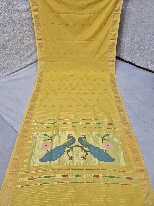 Yeola cotton paithani*
Pure cotton 
Handloom saree
Traditional Narali border 
Running blouse 
Shoulder butta 
